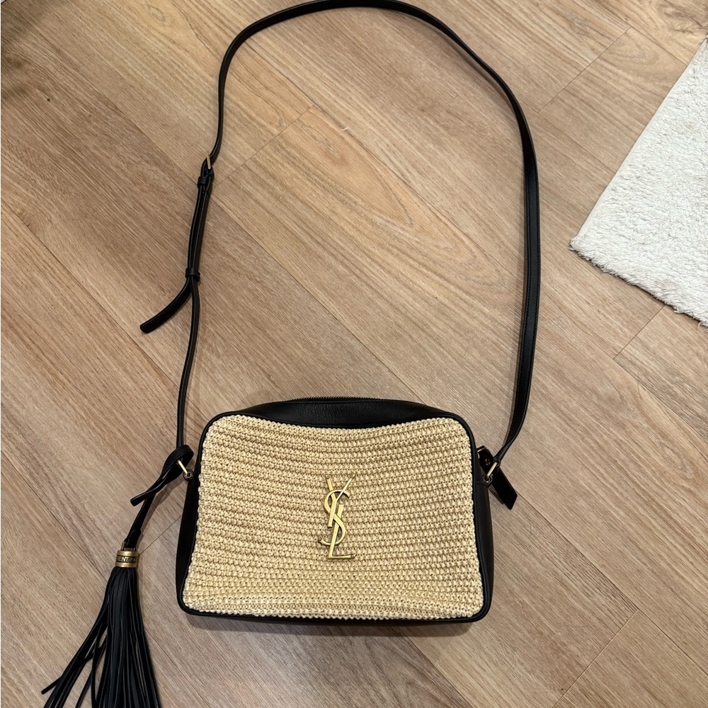 Raffia Canvas Monogram Mini Lou Camera Bag Beige Black